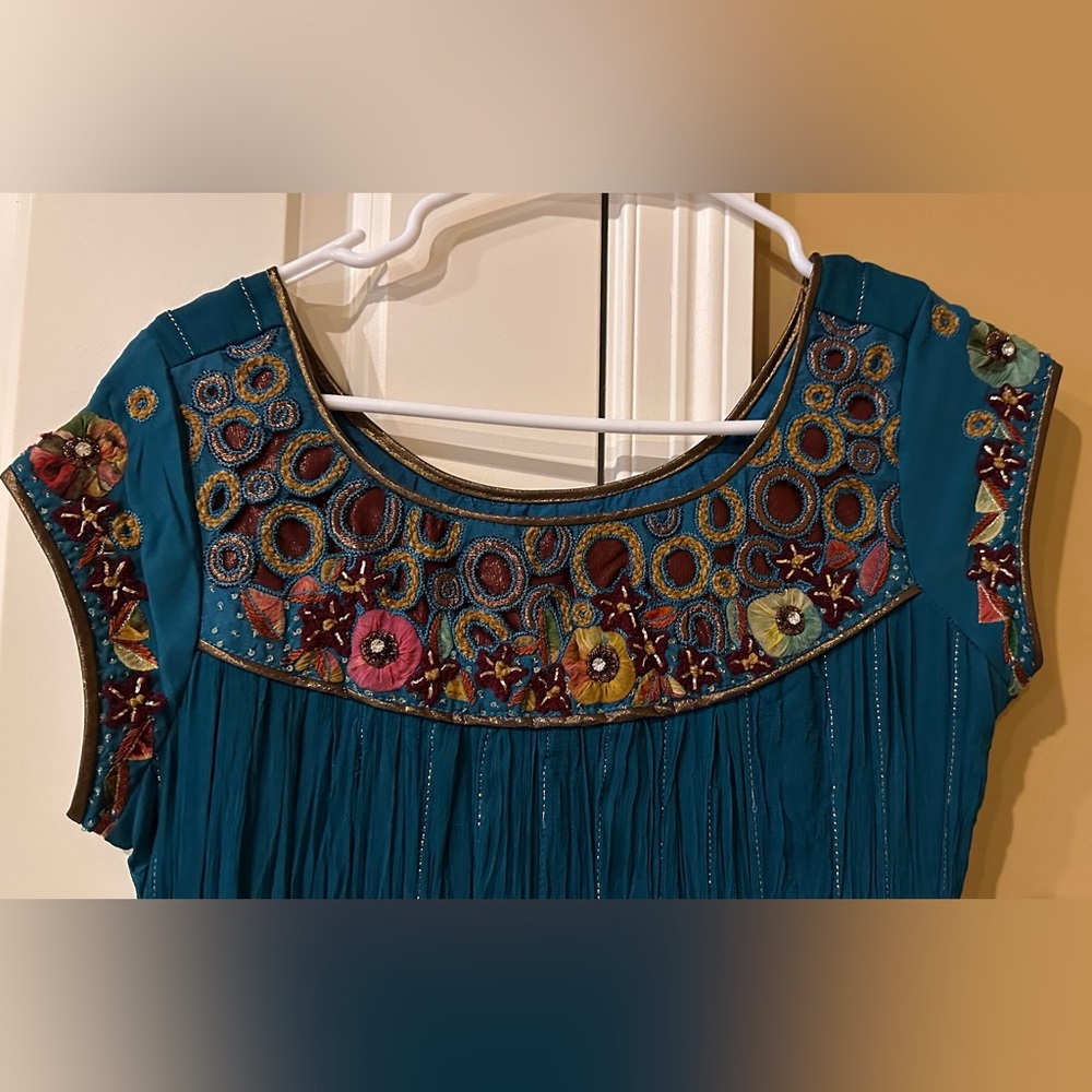 Embroidered Teal Dress with Floral Accents